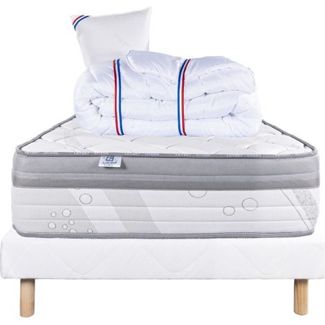 Ensemble Matelas ViscoPlus, 26 cm, mousses haute densité, ferme, face été/hiver + sommier blanc ep 13cm + oreiller + couette, 90x190cm (1/5)