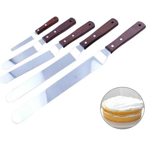 Spatules Coudées À Patisserie En Acier Inoxydable Spatule Gateaux Palette Pelle Cuisine Avec Manche En Bois 5 Pièces (1/4)
