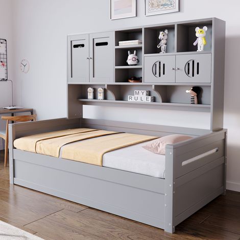 Lit banquette coffre 90x200 cm gris en bois, rangement hydraulique, tête de lit avec placards et étagères, sommier 15 lattes inclus, sans matelas (1/5)