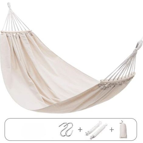 Coton Hamac Grand hamac Souple Respirant Hamac de Camping Peut Supporter jusqu'à 200KG Hamac d'arbre Portable avec Barre d'écartement 2 Sangles Solides 2 mousquetons-190150cm (1/5)
