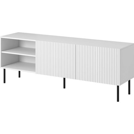Meuble TV Molini, buffet de salon à quatre portes battantes, surélevé du sol, 150x42 h52 cm, blanc (1/4)