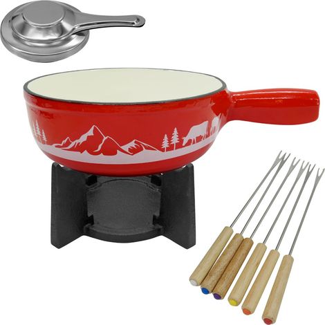 Fackelmann – Set à fondue Savoyarde 4 personnes – Caquelon en fonte émaillée 1,8 L – Brûleur à alcool inclus – Piques en acier inoxydable