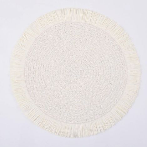 Lot de 4 sets de table ronds en paille de papier tissé avec pompons 38 cm Blanc'Blanc'Blanc'- (1/2)