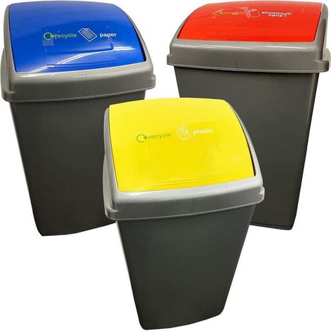 Set Of 3 50L Large Grey Home Office Commercial Plastic Recycling Bins With Colour Coded Swing Lids