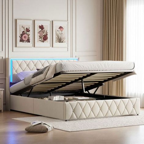 Letto Coffre 140x190cm Velluto Beige - Letto matrimoniale con Rete, LED RGB e Prese USB - Spazio di Stoccaggio Salvaspazio per Camera Moderna