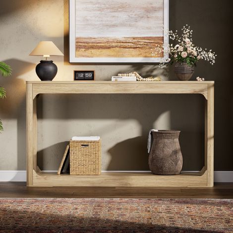 Mesa auxiliar curva Kérian comprimento 140 cm com arrumação dois níveis atrás do sofá, ideal para entrada corredor hall, efeito madeira natural, mesa consola decoração funcional (1/5)