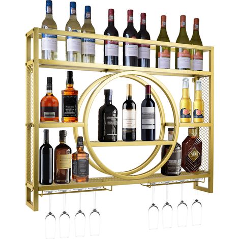 100x80x15cm Weinregal Wandmontierte Metal Flaschenregal Gold Wein Regal Rack Schrank Platz für 30 Flaschen Max.50kg 3 Ebenen (1/4)