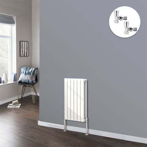 Flat Panel Designer Radiator Bathroom Central Heating Radiators White with Angled Manual Pair of Valves 600 x 408mm Horizontal Double