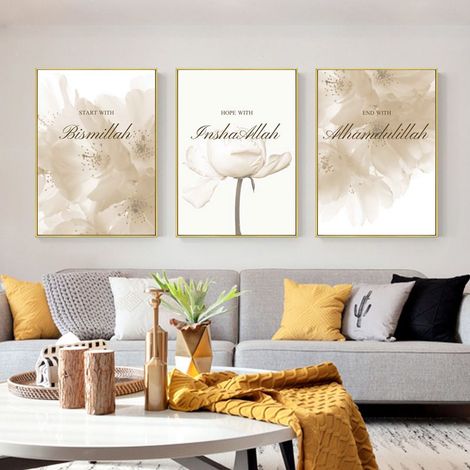 Triptyque décoratif représentant des fleurs mandala beiges nordiques, police d'écriture anglaise, salon, chambre (1/4)