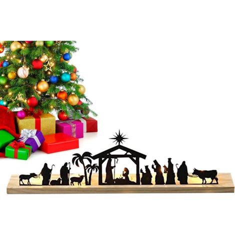 XEPHO Ensemble de figurines de table pour crèche, ensemble de crèche de Noël en intérieur, crèche noire éclairée, figurines de Noël, décorations de Noël religieuses, base en bois (1/5)