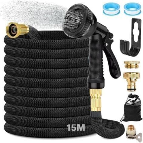 Tuyau Arrosage Extensible 15 m, Tuyau D'arrosage Flexible Avec Raccord en Laiton 3/4' et 1/2', Tête de Pulvérisation avec 8 Fonctions, avec Sac de Rangement, pour Jardin, Camping-Car