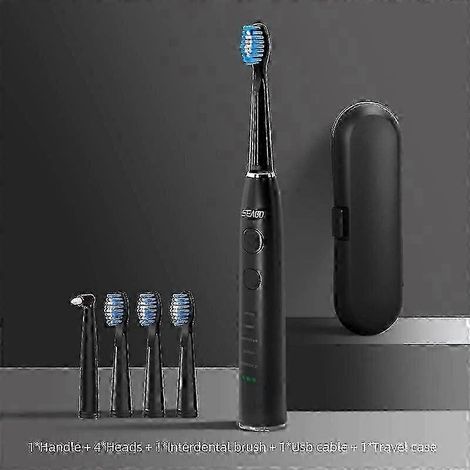 Brosse à dents électrique sonique Seago SG-575, rechargeable par USB, avec 4 têtes de brosse, autonomie de 360 jours et mode blanchiment, noire. (1/5)