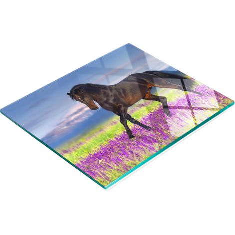 Tablero de vidrio duradero y elegante con estampado de campo de lavanda y caballos, 60x52 cm.