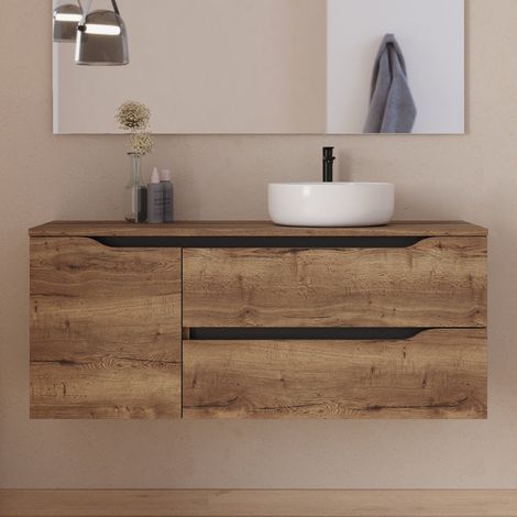 Meuble de salle de bain 120cm avec plateau et vasque à poser déportée à droite Ares - sans miroir - 2 tiroirs et un placard - tabaco (bois foncé) - ZARZA
