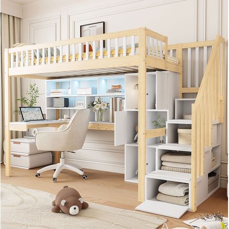 lit chambre enfant bureau rangement 90x200 bois blanc OKMYHOME (1/5)