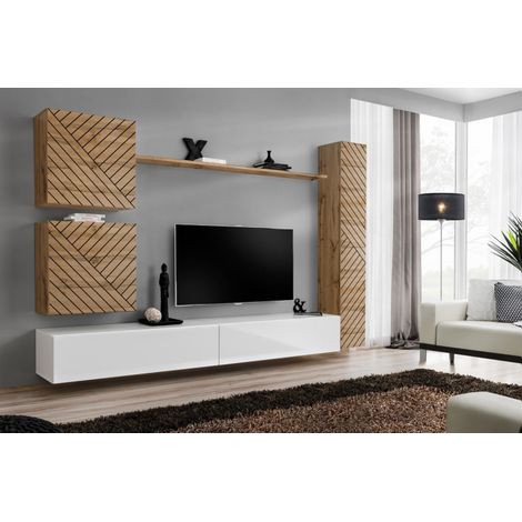 Ensemble de 6 meubles muraux "Switch VIII " pour TV en bois - Beige et Blanc - L 340 x H 150 x P 40 cm - Livraison gratuite