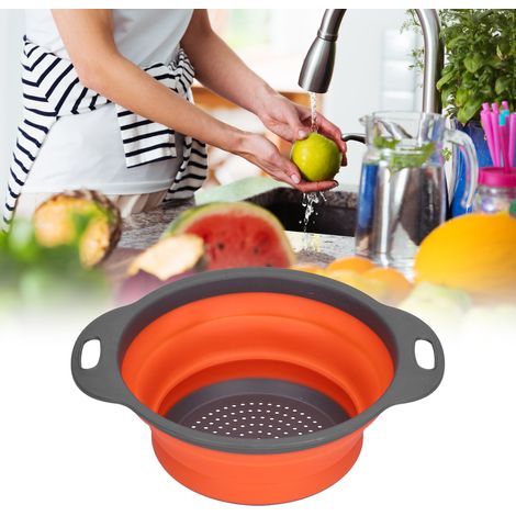 Égouttoir en silicone rond pliable avec poignée pour fruits et légumes, petit format, orange. (1/5)