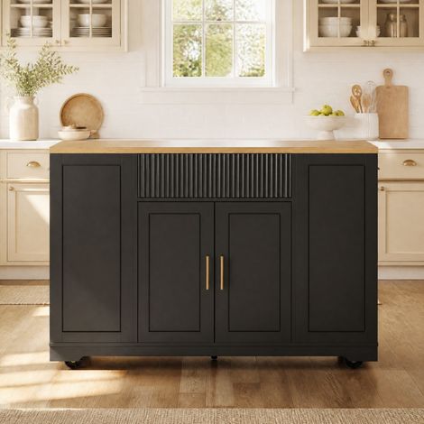 Isla de cocina con ruedas 120x50x92 cm en MDF negro con almacenaje FloraGrace (1/5)