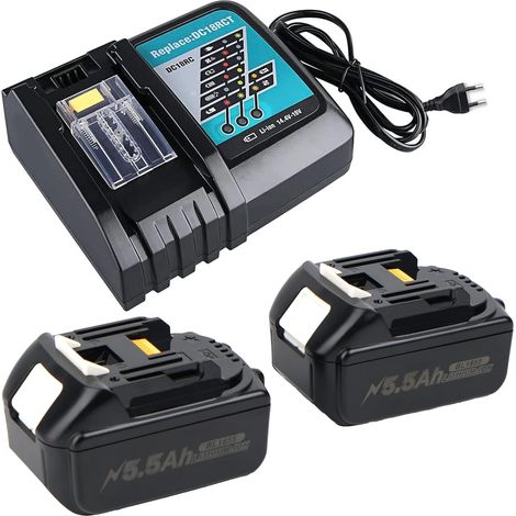 Lot de 2 Batteries 18V - 5500mAh Li-Ion avec Chargeur DC18RC - Compatible Outils Makita (1/5)