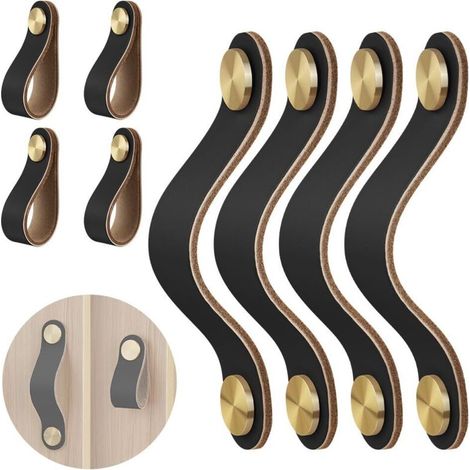 Lot de 4 poignées en cuir pour armoires, tiroirs, armoires de cuisine ou de salle de bain, vintage, 14 x 2 cm (avec 8 vis) (1/5)