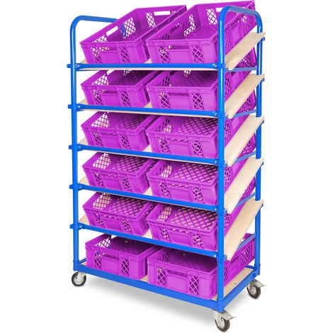 BRB Schrägboden-Regalwagen mit 6 Ebenen, bestückt mit 12 Euroboxen BxTxH 600x400x150 mm durchbrochen, BxTxH 1050x500x1690 mm (pink)