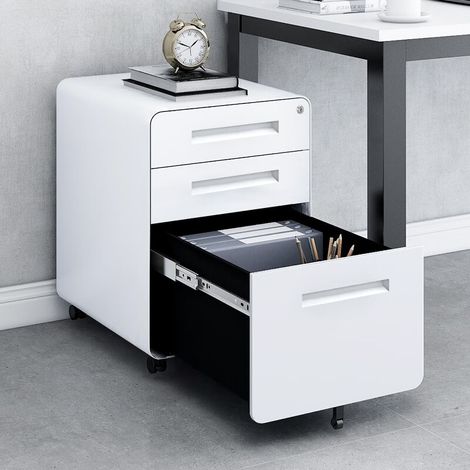 Cassettiera da Ufficio 46x40x58 cm, con Ruote, 3 Cassetti Capienti, Struttura in metallo, Bianco, per Documenti