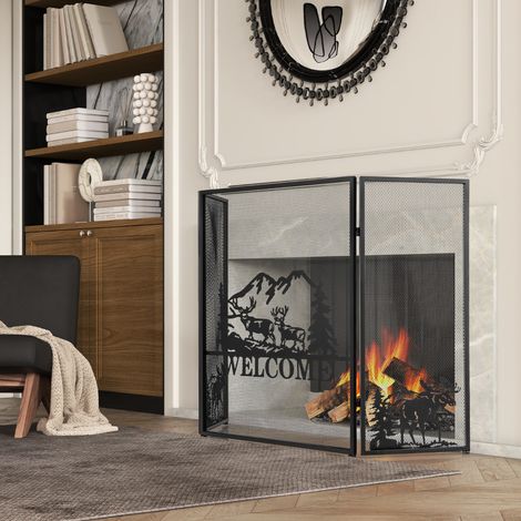 Maisonchic – Écran de cheminée pliable 132 x 79 cm – Pare-étincelles 3 panneaux en métal antirouille – Maillage haute densité décoratif chevrons - CW9102 (1/3)