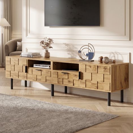 Meuble TV 160cm avec 2 Portes 2 Tiroirs et 2 Niches, Panneau de Particules, Style Mosaïque Moderne, Naturel et Noir (1/5)