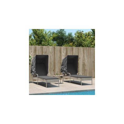 Chaises longues lot de 2 avec auvents et table gris clair rotin (1/5)