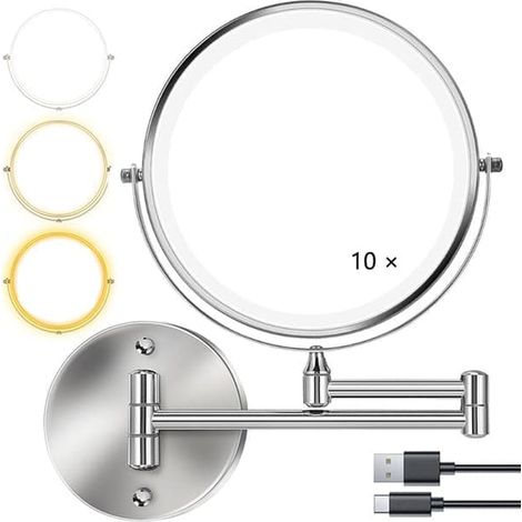 Espejo de maquillaje de pared con luz - 8 pulgadas, aumento de 3x/10x, regulable, 3 niveles de luz, espejo giratorio de doble cara de 360°, color plata. (1/5)