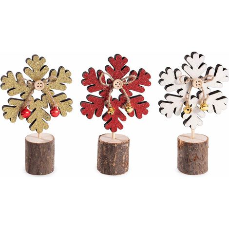 Decorazione fiocco di neve intagliato in legno con campanelle decorative, set da 18 pezzi, cm 8,5 x 3,5 x 14 H