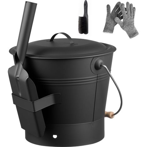Seau à cendres, ensemble de 4 pièces avec couvercle, pelle, balai et gants, seau à charbon et cendrier en métal pour cheminée, grande capacité de 9,8 L pour cheminée, foyer extérieur, poêle à bois, in (1/5)