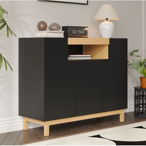 Sideboard 120,5 x 42 x 96 cm mit 3 Türen, offenem Fach, Spanplatte schwarz HAVRYA (1/5)