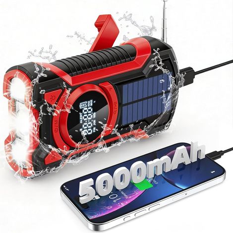 Rechargeable Portable Radio Dynamo avec Lampe de Poche LED, Power Bank 5000mAh AM/FM Radio Manivelle Solaire, SOS Alarm/Lampe Poch/3W Haut-parleurs, Outdoor, Emergency