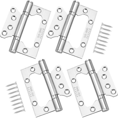 4x Charnières en Acier Inoxydable, 4 Pouces Rectangulaire Feuille 100mm Charnières de Porte Invisibles, Argent