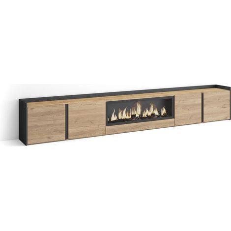 Skraut Home - Mueble TV, Televisión, Muebles de salón, almacenaje, 315x35x50cm, Para TV hasta 80", Chimenea eléctrica XXL, Estilo Moderno, Roble y negro (1/5)