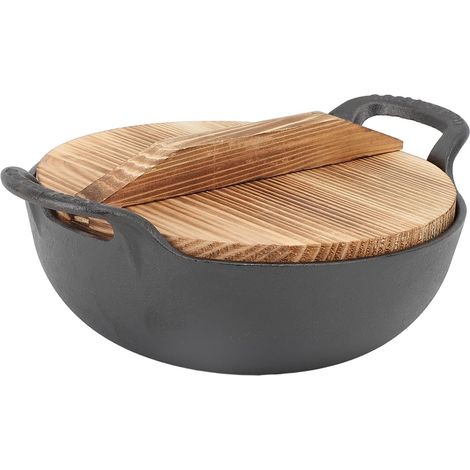 Poêle Wok en Fonte avec 2 Poignées et Couvercle en Bois, Wok Traditionnel Chinois Non Revêtu, Poêle Profonde à Fond Plat pour Cuisinières électriques, à Induction et à Gaz (1/5)
