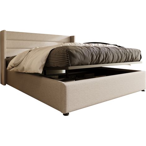 Lit double rembourré 160 x 200 cm beige avec fonction rangement (1/5)