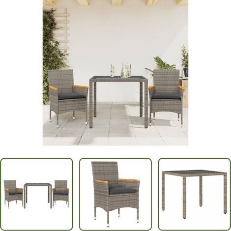 Gartenessgruppe - 3-tlg. Garten-Essgruppe mit Kissen Grau Poly Rattan und Glas (1/5)