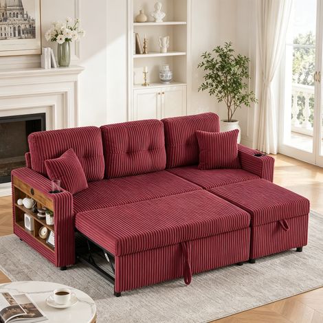 Mehrfunktionales Cord-Sofa mit Stauraum & Ausziehbett. Inkl. USB-C, Ambientebeleuchtung, Getränkehaltern & breiten Armlehnen. Schafft gemütliche Wohlfühlbereiche in Wohn- und Gästezimmer. (1/5)