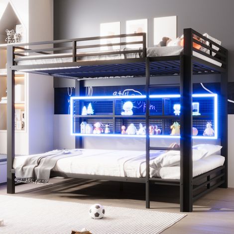 Lit mezzanine 140x200 cm avec 6 rangements latéraux, éclairage LED, garde-corps de sécurité, sommier à lattes, structure métal, noir (1/5)