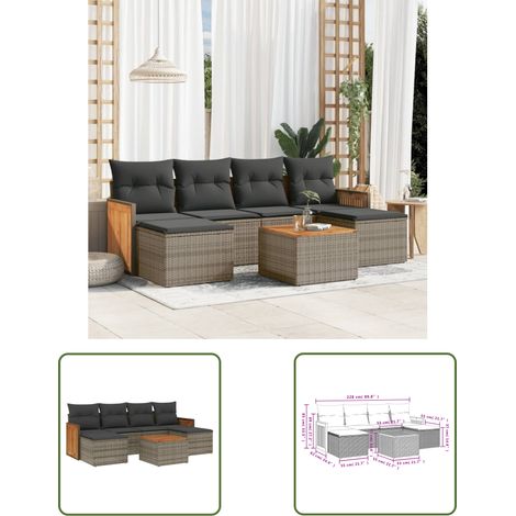 The Living Store 7-tlg. Garten-Sofagarnitur mit Kissen Grau Poly Rattan - Gartenmöbel Set - PE-Rattan Möbel - Outdoor Lounge - Esstisch - Sofasitzgruppe