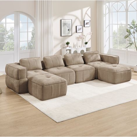 Canapé modulable en U 4 places sans structure, polyester couleur sable, 344 x 162 x 67 cm (1/5)