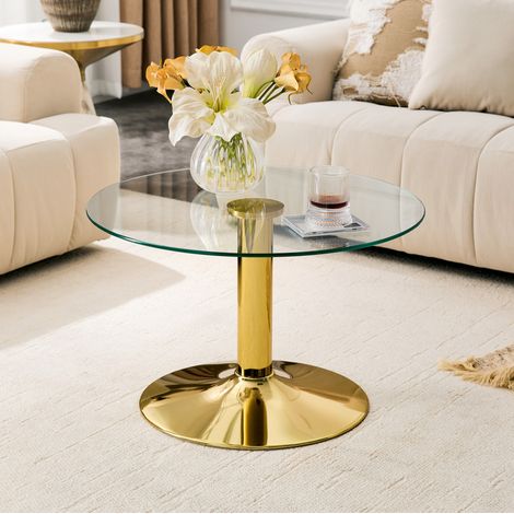 Table basse ronde Ø70 cm en verre trempé avec structure métal, table d’appoint canapé, design moderne, doré (1/5)