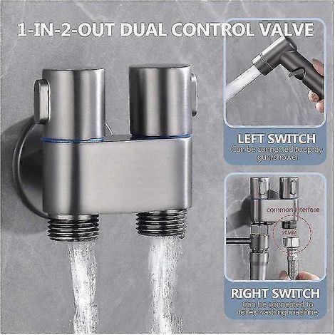 Mini robinet multifonction en laiton chromé 1 entrée 2 sorties, double commande, pour lave-linge et WC. (1/5)