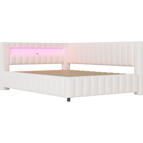 Canapé lit d'angle capitonné velours 140x200 cm avec LED multicolores, port USB, structure à lattes robuste, dossier et appui-tête (1/5)