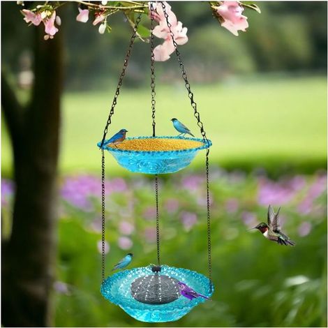 (Bleu) Bain d'oiseaux suspendu avec fontaine solaire, fontaine à oiseaux extérieure à double niveau, fontaine à boire ex (1/5)