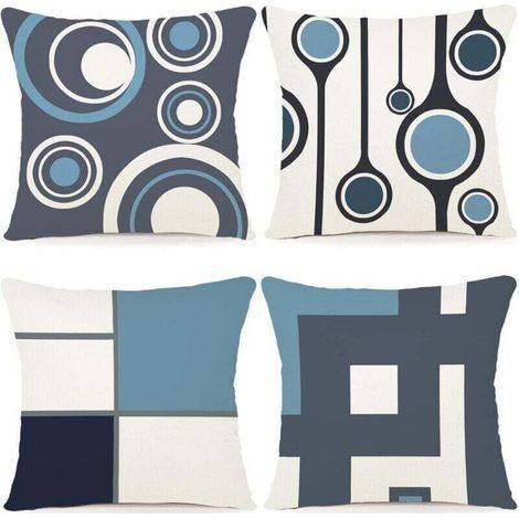 Set of 4 Cushion Covers 45 x 45 Geometric Pattern Decorative Cotton Cushion Covers Cotton Sofa Pillow Case Square Cushion Cover for Bed Car Home Sofa Blue (1/4)