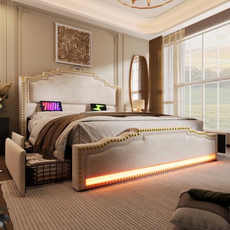 Lit double capitonné 180x200 cm avec 4 tiroirs, LED et port USB-C, lit coffre avec sommier, velours beige (sans matelas)