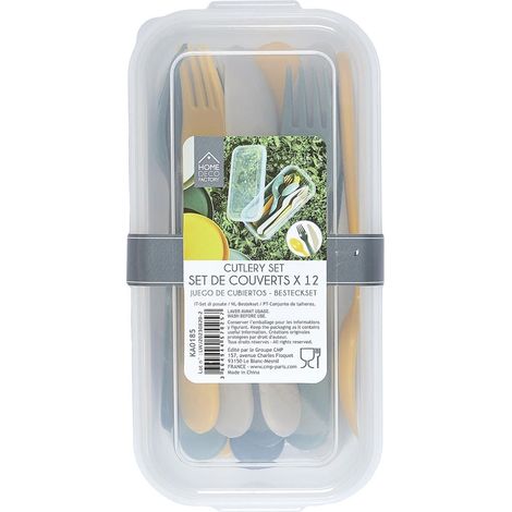 Boite de 12 couverts en plastique réutilisable au coloris vert, jaune et beige (1/5)